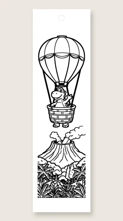 Dino in a hot air balloon: dinosaur coloring bookmark