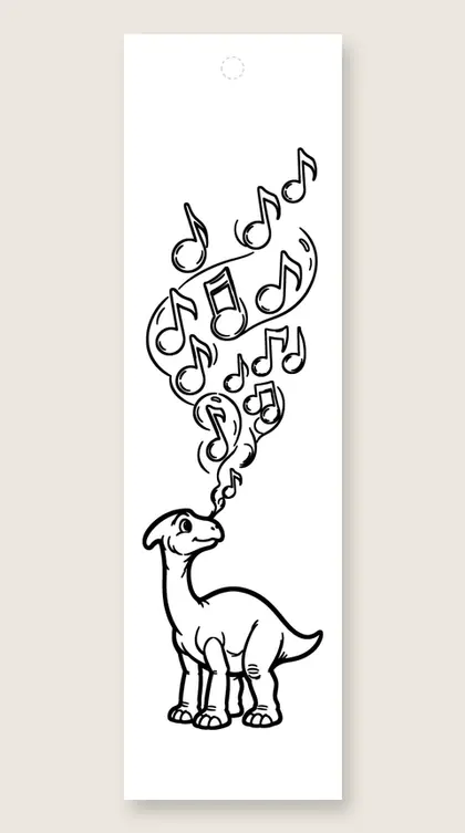 Parasaurolophus playing music: dinosaur coloring bookmark