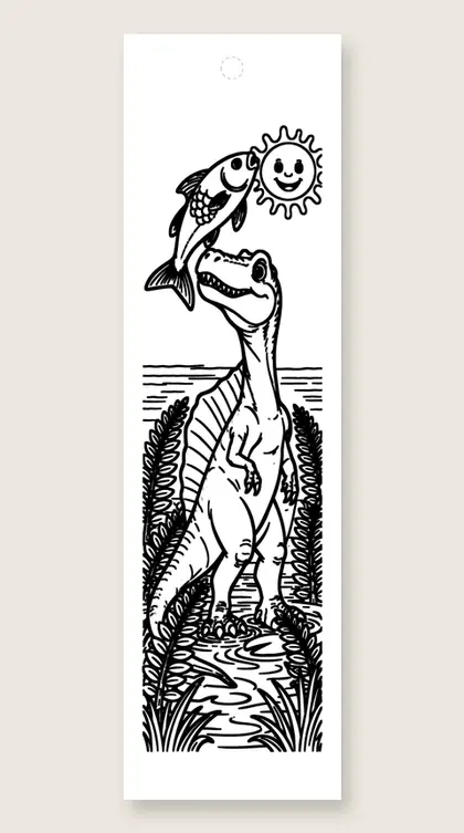 Spinosaurus catches fish: dinosaur coloring bookmark