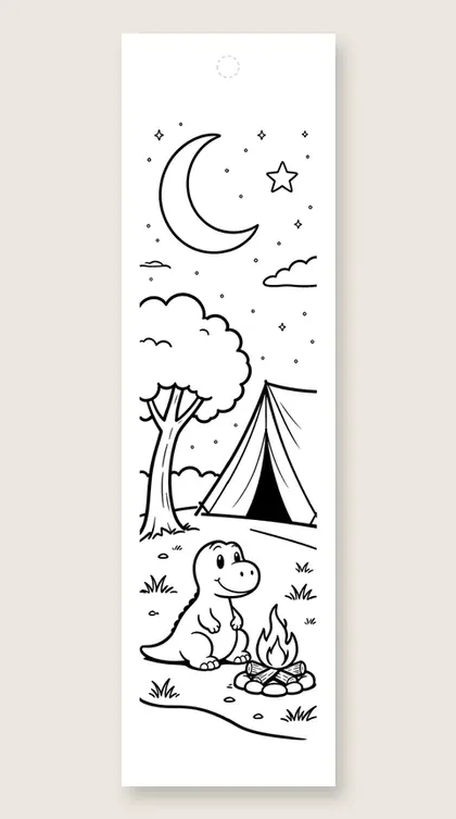 Dino camping at night: dinosaur coloring bookmark