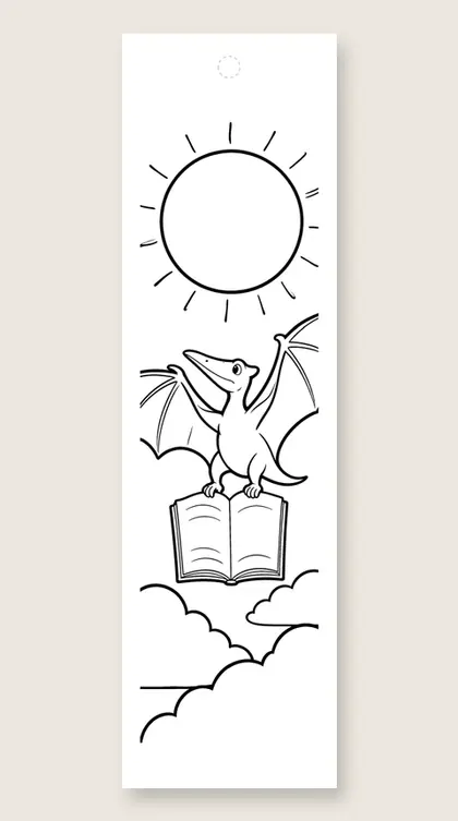 Pterodactyl with a book: dinosaur coloring bookmark