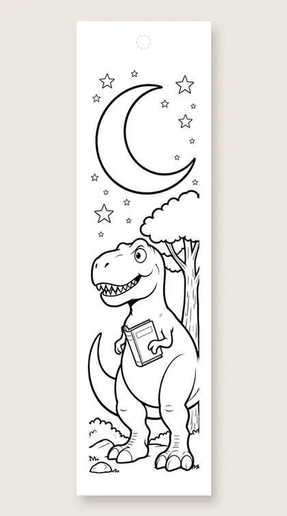 T. rex reads at night: dinosaur coloring bookmark