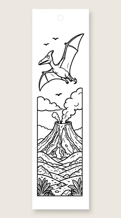 Pterodactyl over volcano: dinosaur coloring bookmark