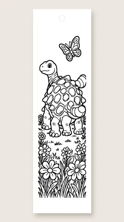 Ankylosaurus in flowers: dinosaur coloring bookmark