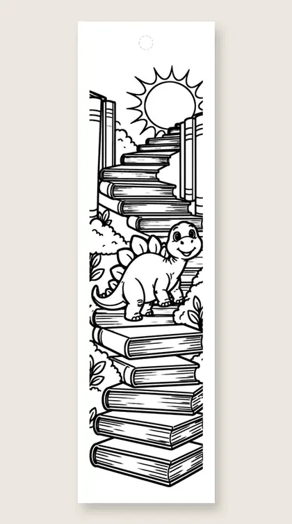 Dino climbing book stairs: coloring bookmark