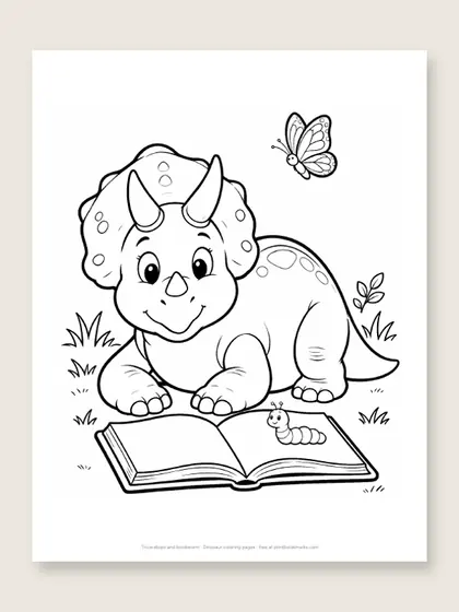 Triceratops and bookworm: dinosaur coloring page