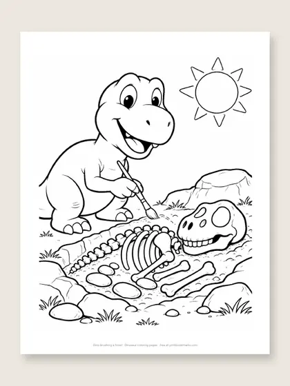 Dino brushing a fossil: dinosaur coloring page