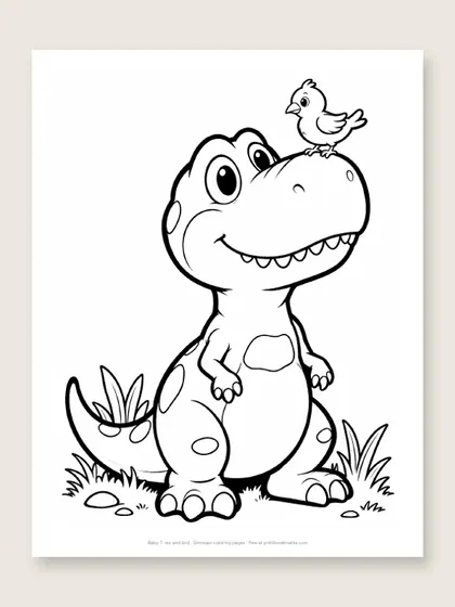 Baby T. rex and bird: dinosaur coloring page