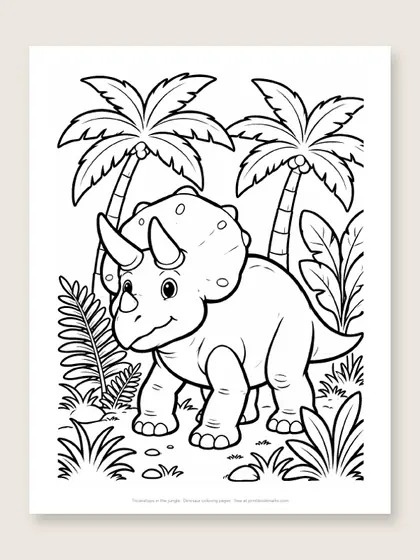 Triceratops in the jungle: dinosaur coloring page