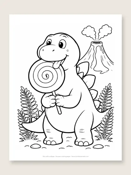 Dino with a lollipop: dinosaur coloring page