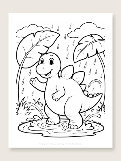 Dino playing in rain: dinosaur coloring page