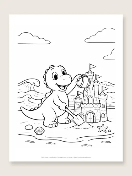 Dino builds a sandcastle: dinosaur coloring page