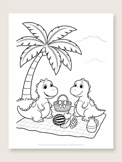 Dino picnic under palms: dinosaur coloring page