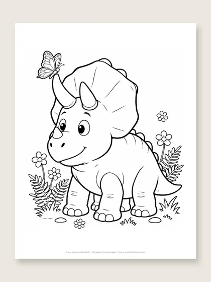 Triceratops and butterfly: dinosaur coloring page