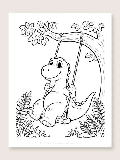 Dino on a swing: dinosaur coloring page