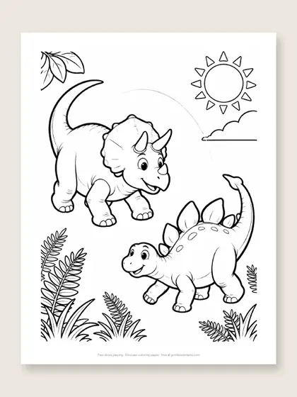 Two dinos playing: dinosaur coloring page