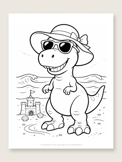 T. rex at the beach: dinosaur coloring page
