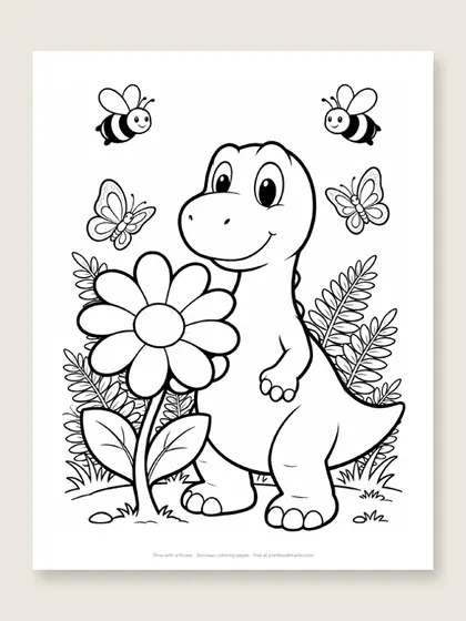 Dino with a flower: dinosaur coloring page