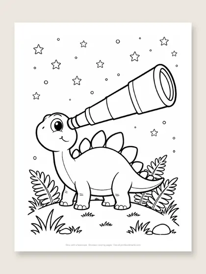 Dino with a telescope: dinosaur coloring page