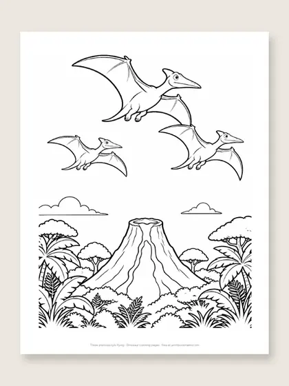 Three pterodactyls flying: dinosaur coloring page