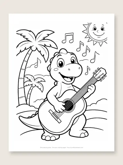 Dino playing guitar: dinosaur coloring page