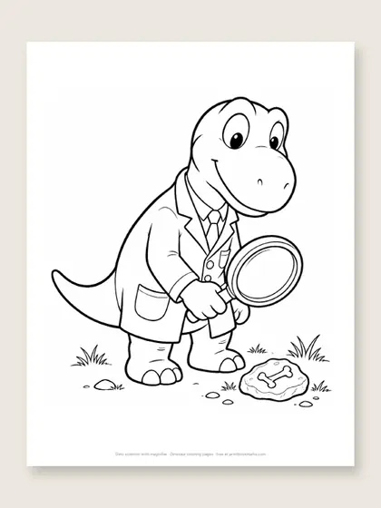 Dino scientist with magnifier: dinosaur coloring page