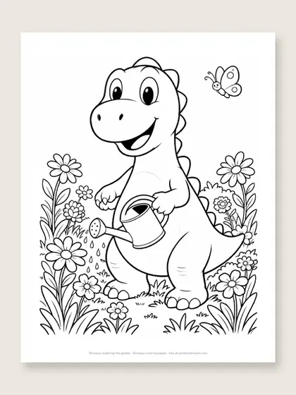 Dinosaur watering the garden: dinosaur coloring page
