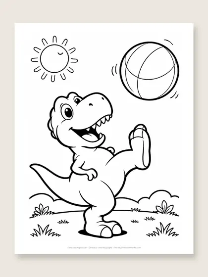 Dino playing soccer: dinosaur coloring page