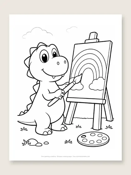 Dino painting a rainbow: dinosaur coloring page