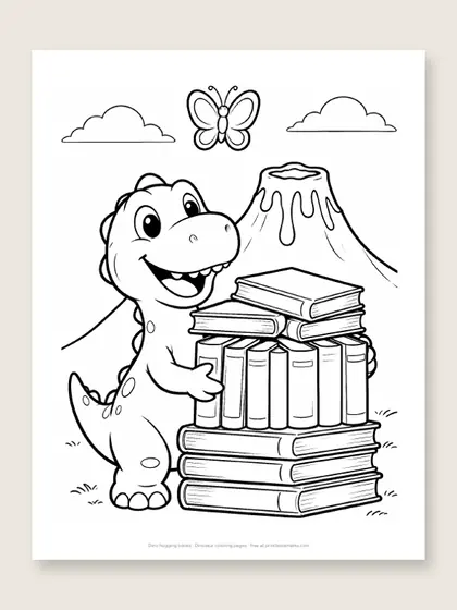 Dino hugging books: dinosaur coloring page