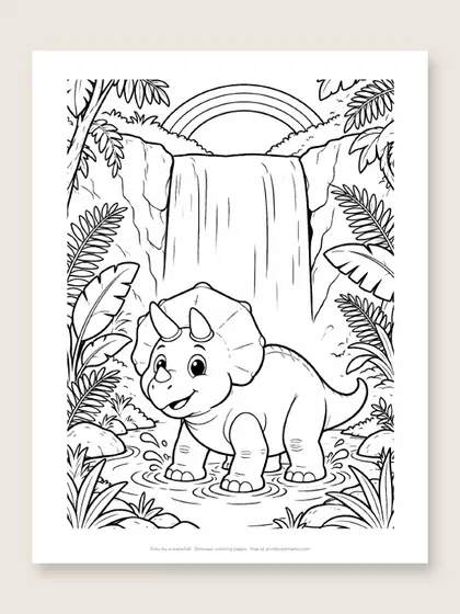 Dino by a waterfall: dinosaur coloring page