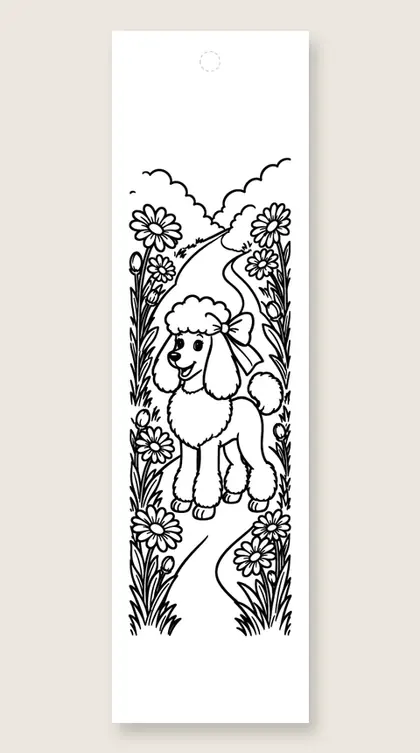 Fancy poodle in the garden: coloring bookmark