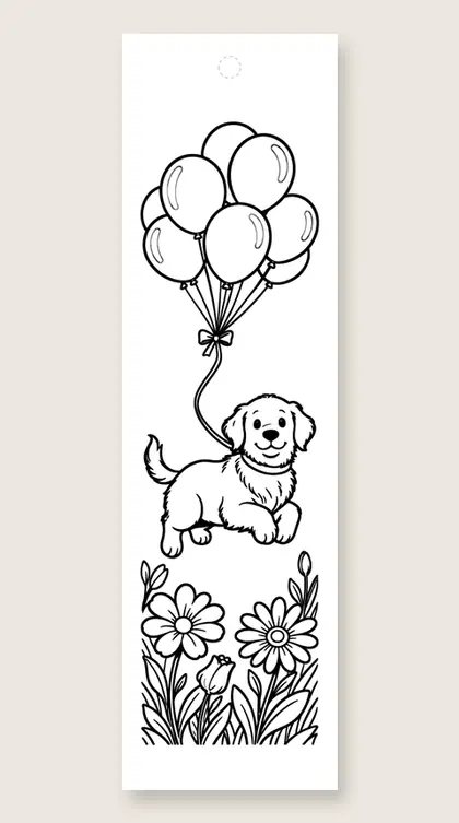 Puppy and the balloons: dog coloring bookmark