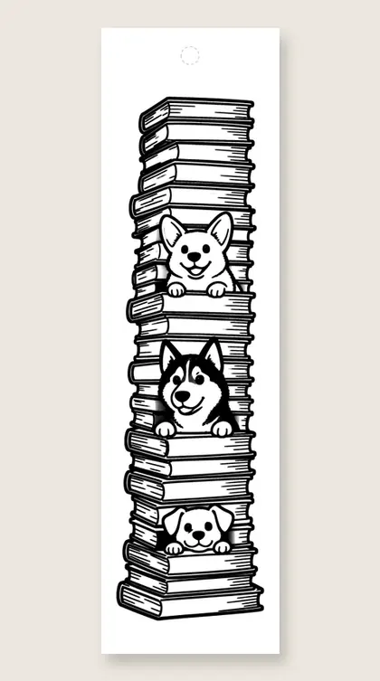 Dogs in the book tower: dog coloring bookmark