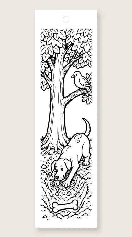 Digging for a bone: dog coloring bookmark