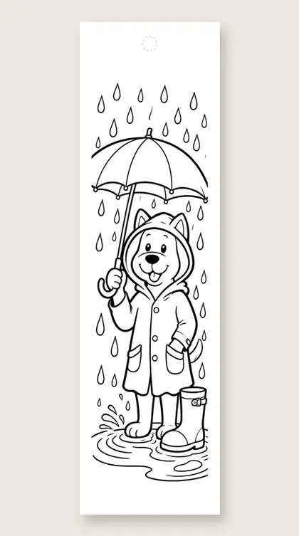Dog in the rain: dog coloring bookmark