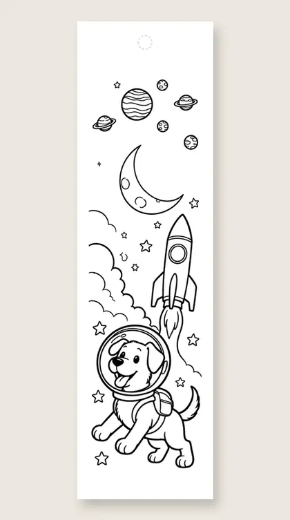 Space dog blasts off: dog coloring bookmark