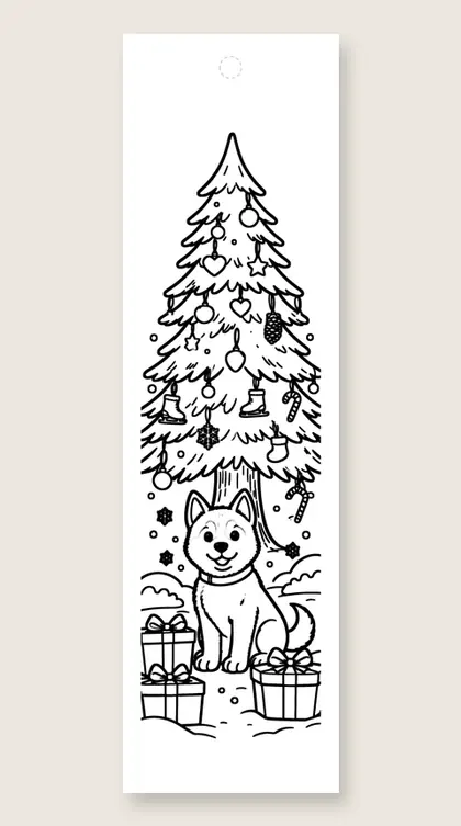 Husky and the holiday tree: dog coloring bookmark