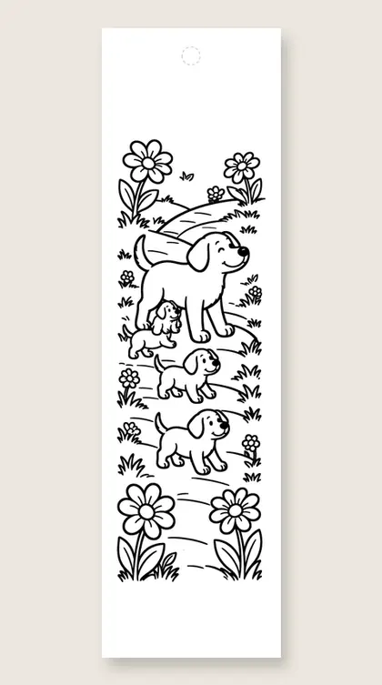 Puppy parade uphill: dog coloring bookmark