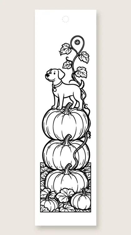 Dog on the pumpkins: dog coloring bookmark
