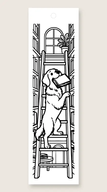 Golden retriever carries a book: coloring bookmark