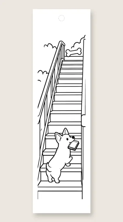 Corgi climbs the stairs: dog coloring bookmark