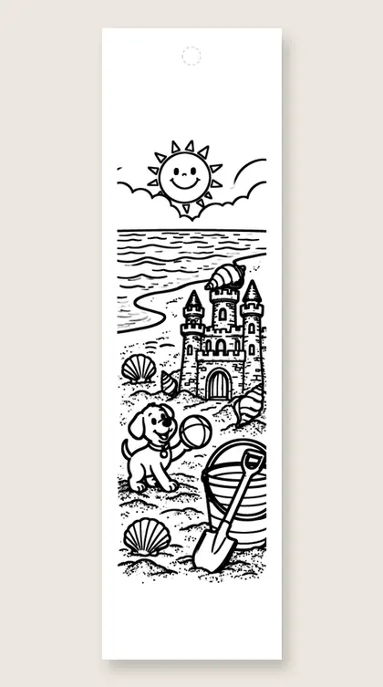 Dog at the sand castle: dog coloring bookmark