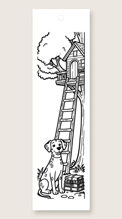 Dalmatian and the tree house: dog coloring bookmark