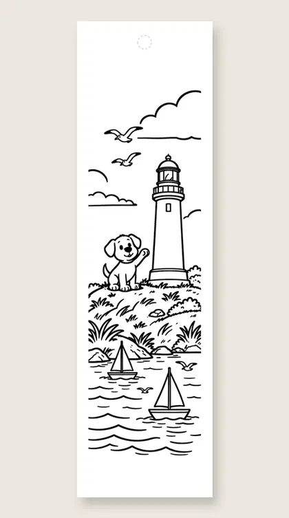 Puppy by the lighthouse: dog coloring bookmark