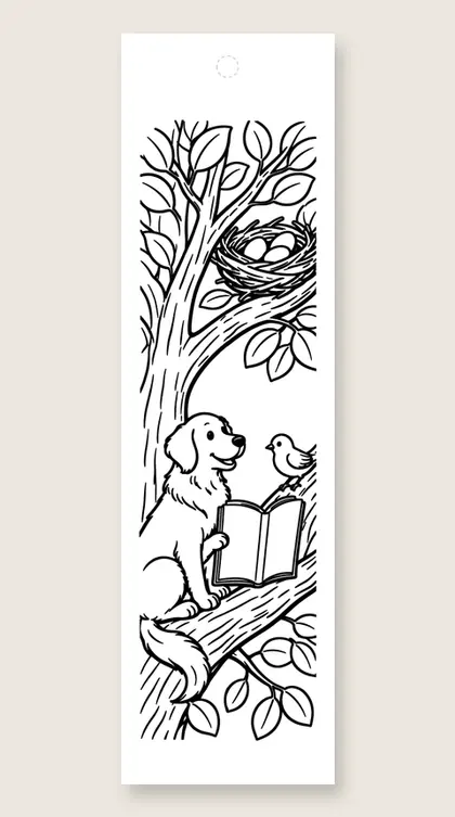 Dog and bird reading: dog coloring bookmark