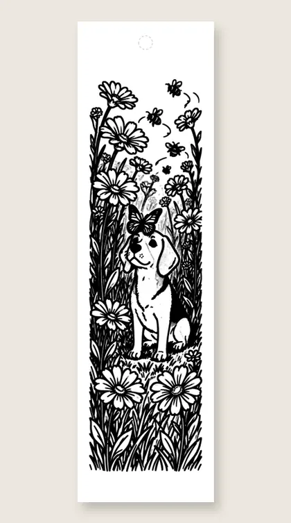 Beagle in the flowers: dog coloring bookmark