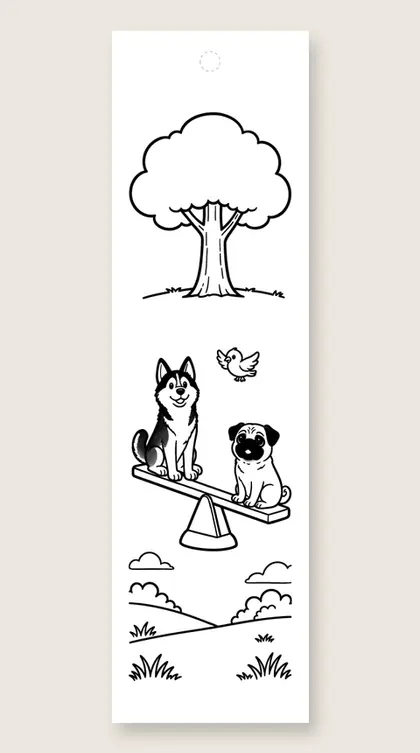 Seesaw fun with friends: dog coloring bookmark