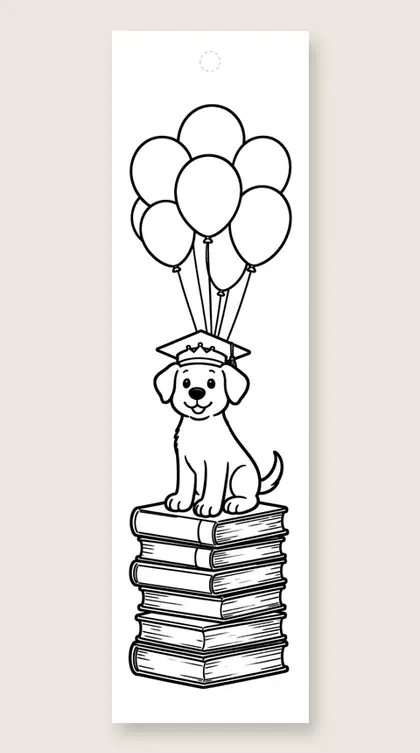 Puppy at graduation day: dog coloring bookmark
