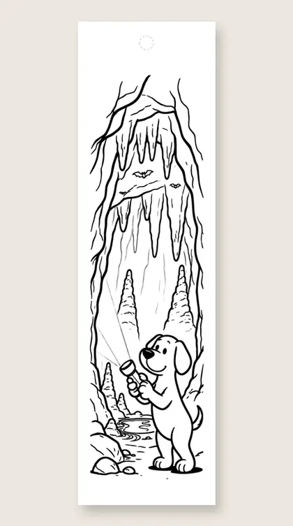 Explorer dog in a cave: dog coloring bookmark